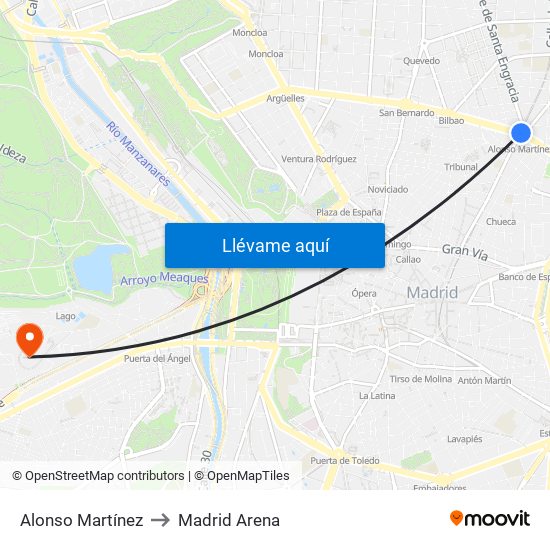 Alonso Martínez to Madrid Arena map