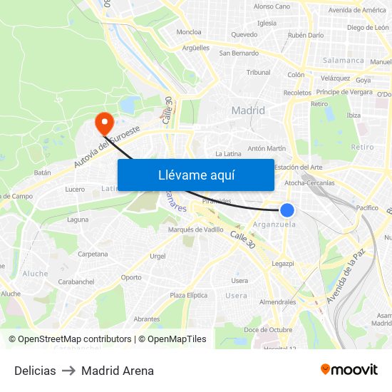 Delicias to Madrid Arena map
