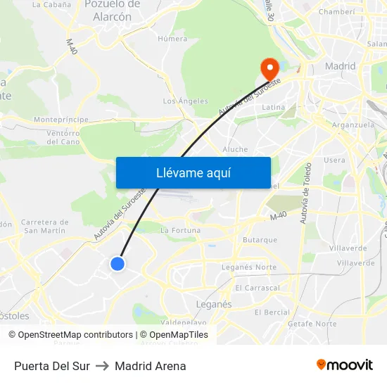 Puerta Del Sur to Madrid Arena map
