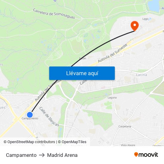 Campamento to Madrid Arena map