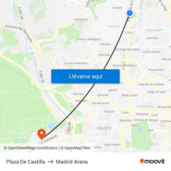 Plaza De Castilla to Madrid Arena map
