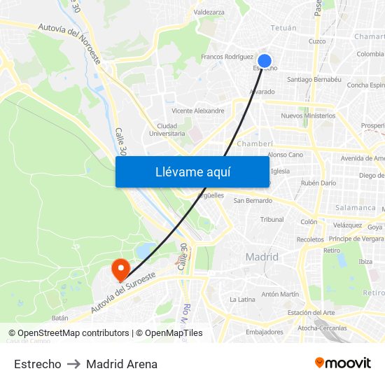 Estrecho to Madrid Arena map