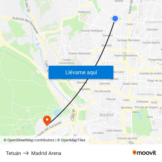 Tetuán to Madrid Arena map