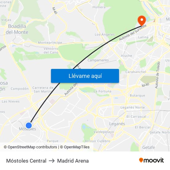 Móstoles Central to Madrid Arena map