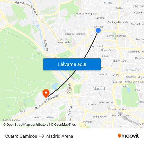 Cuatro Caminos to Madrid Arena map