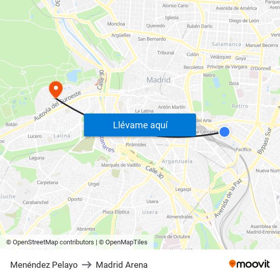 Menéndez Pelayo to Madrid Arena map