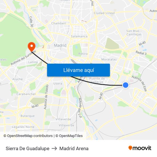 Sierra De Guadalupe to Madrid Arena map