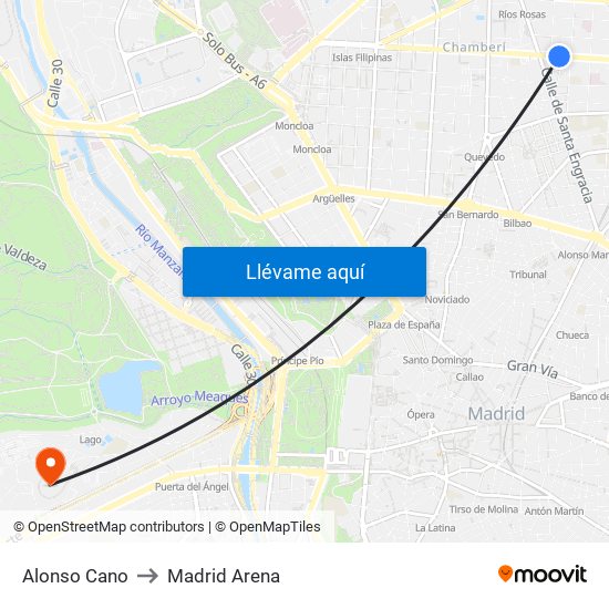 Alonso Cano to Madrid Arena map