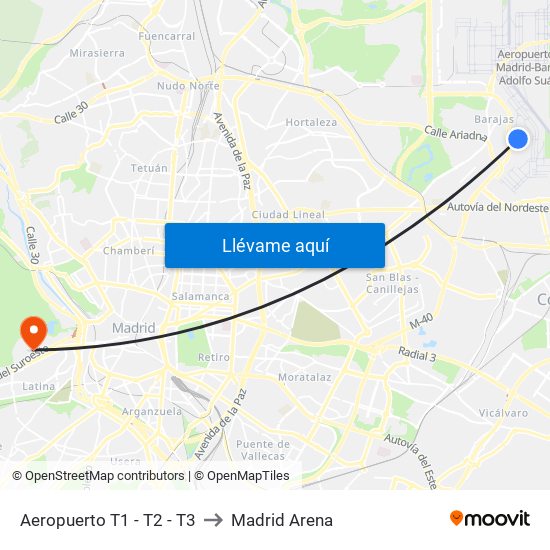 Aeropuerto T1 - T2 - T3 to Madrid Arena map