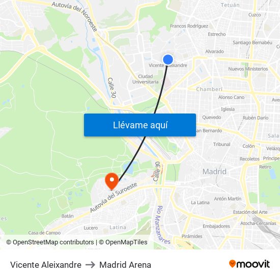 Vicente Aleixandre to Madrid Arena map