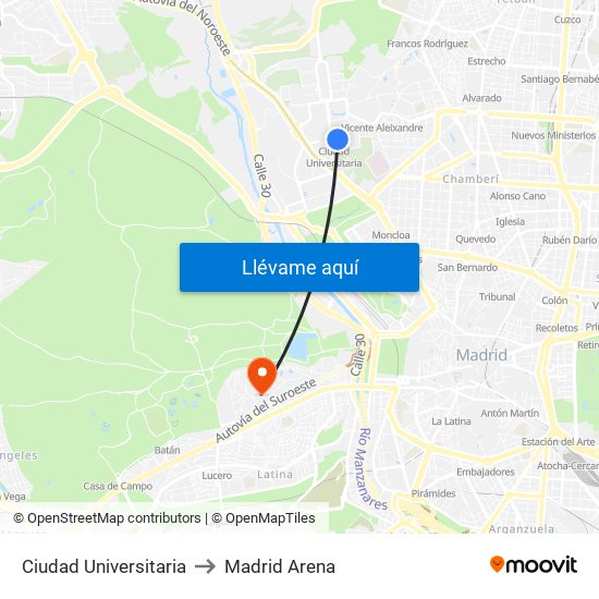 Ciudad Universitaria to Madrid Arena map
