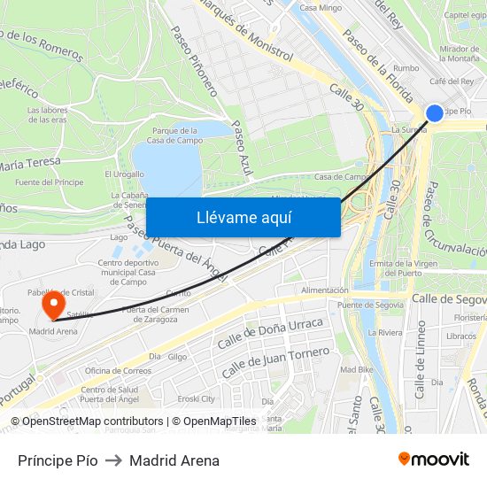 Príncipe Pío to Madrid Arena map