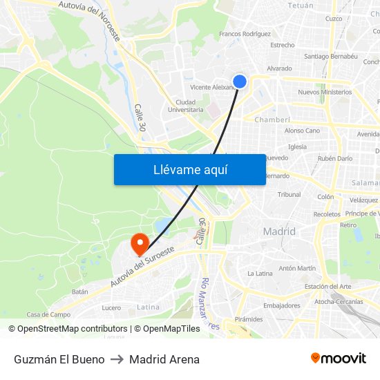 Guzmán El Bueno to Madrid Arena map