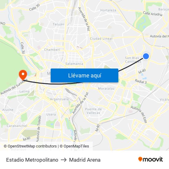 Estadio Metropolitano to Madrid Arena map