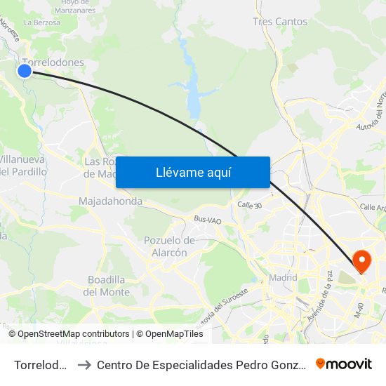 Torrelodones to Centro De Especialidades Pedro González Bueno map
