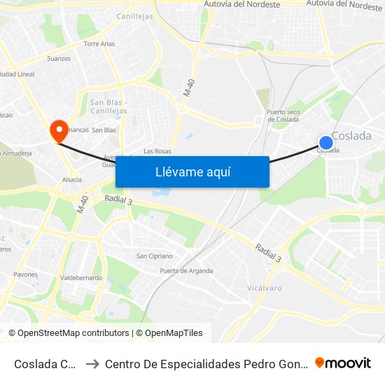 Coslada Central to Centro De Especialidades Pedro González Bueno map