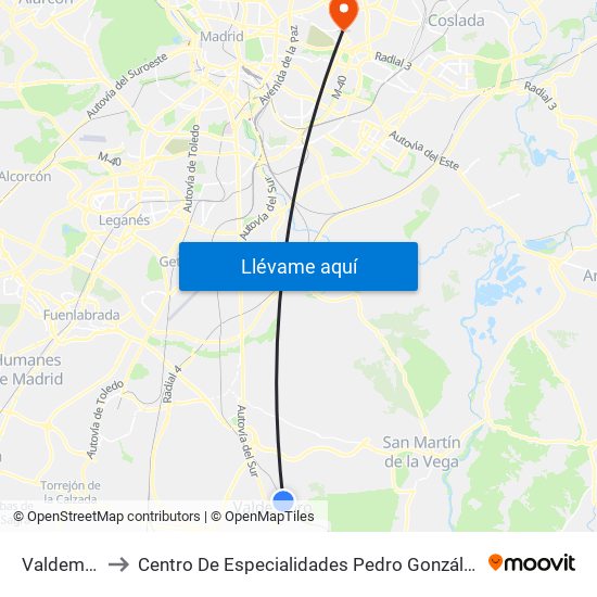 Valdemoro to Centro De Especialidades Pedro González Bueno map
