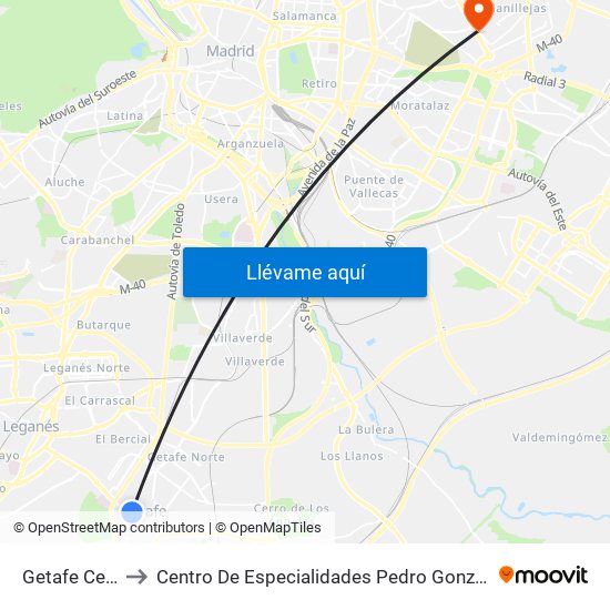 Getafe Centro to Centro De Especialidades Pedro González Bueno map
