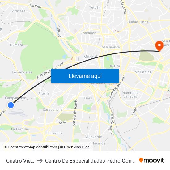 Cuatro Vientos to Centro De Especialidades Pedro González Bueno map
