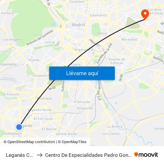 Leganés Central to Centro De Especialidades Pedro González Bueno map