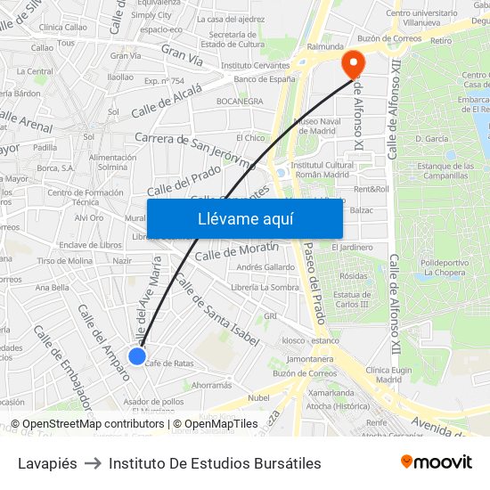 Lavapiés to Instituto De Estudios Bursátiles map