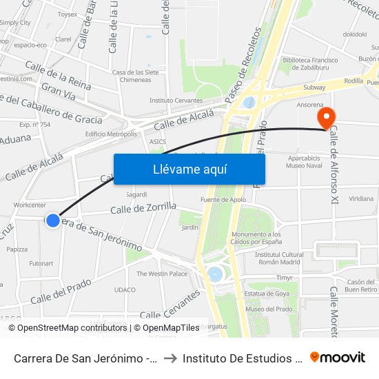 Carrera De San Jerónimo - Cedaceros to Instituto De Estudios Bursátiles map