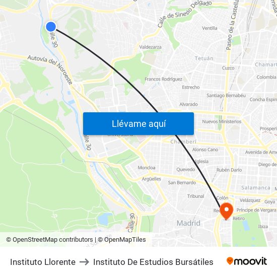 Instituto Llorente to Instituto De Estudios Bursátiles map