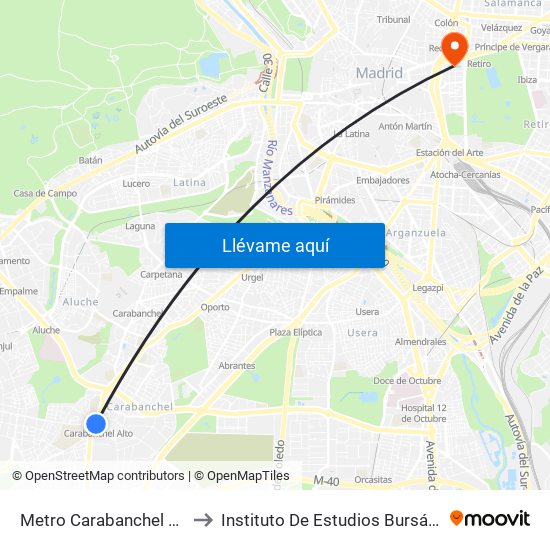 Metro Carabanchel Alto to Instituto De Estudios Bursátiles map