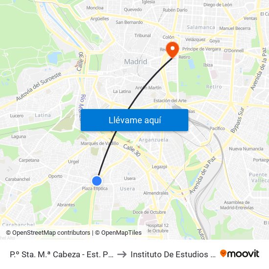 P.º Sta. M.ª Cabeza - Est. Plaza Elíptica to Instituto De Estudios Bursátiles map