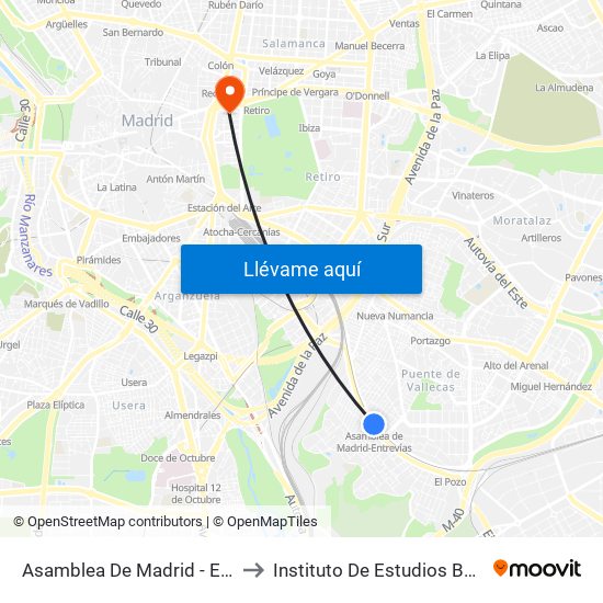 Asamblea De Madrid - Entrevías to Instituto De Estudios Bursátiles map