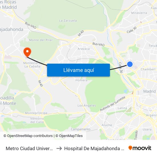 Metro Ciudad Universitaria to Hospital De Majadahonda Fremap map