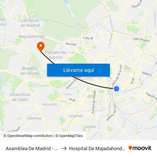 Asamblea De Madrid - Entrevías to Hospital De Majadahonda Fremap map