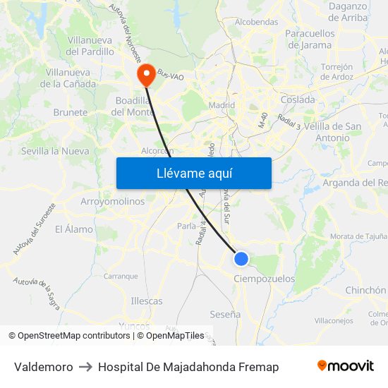 Valdemoro to Hospital De Majadahonda Fremap map