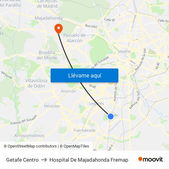 Getafe Centro to Hospital De Majadahonda Fremap map