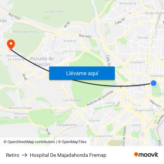 Retiro to Hospital De Majadahonda Fremap map