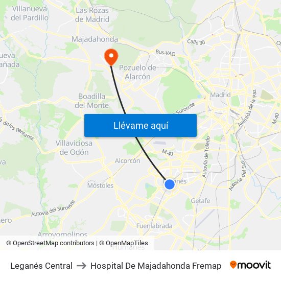 Leganés Central to Hospital De Majadahonda Fremap map