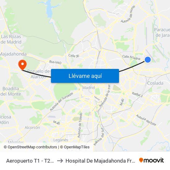 Aeropuerto T1 - T2 - T3 to Hospital De Majadahonda Fremap map