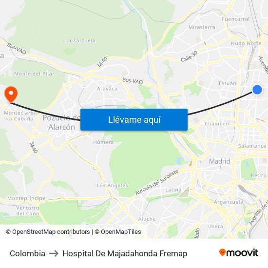 Colombia to Hospital De Majadahonda Fremap map