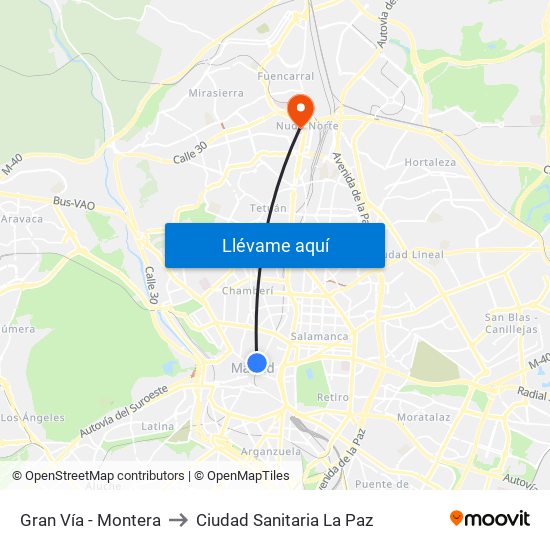 Gran Vía - Montera to Ciudad Sanitaria La Paz map