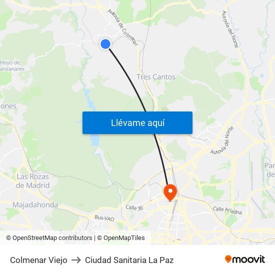 Colmenar Viejo to Ciudad Sanitaria La Paz map