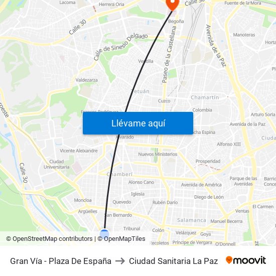 Gran Vía - Plaza De España to Ciudad Sanitaria La Paz map