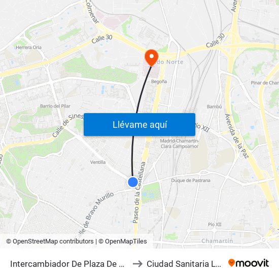 Intercambiador De Plaza De Castilla to Ciudad Sanitaria La Paz map