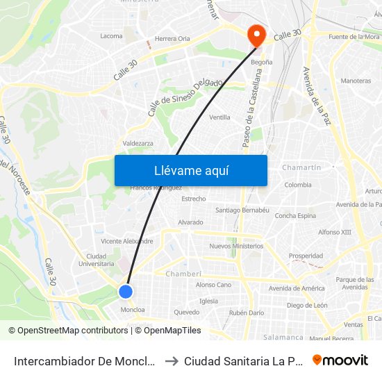 Intercambiador De Moncloa to Ciudad Sanitaria La Paz map
