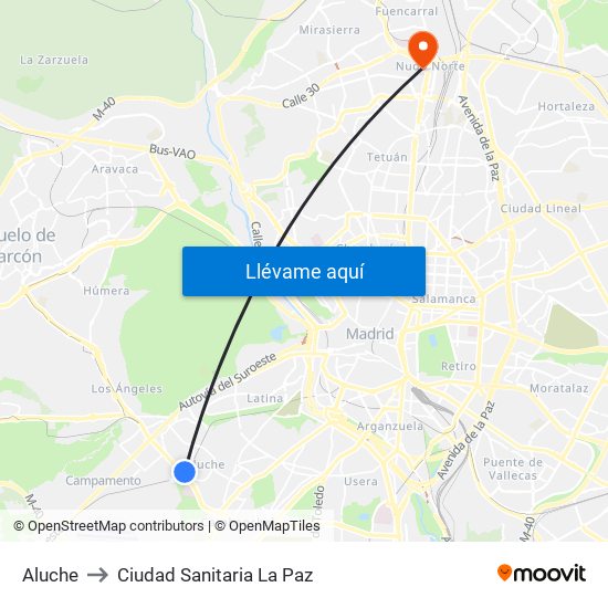 Aluche to Ciudad Sanitaria La Paz map