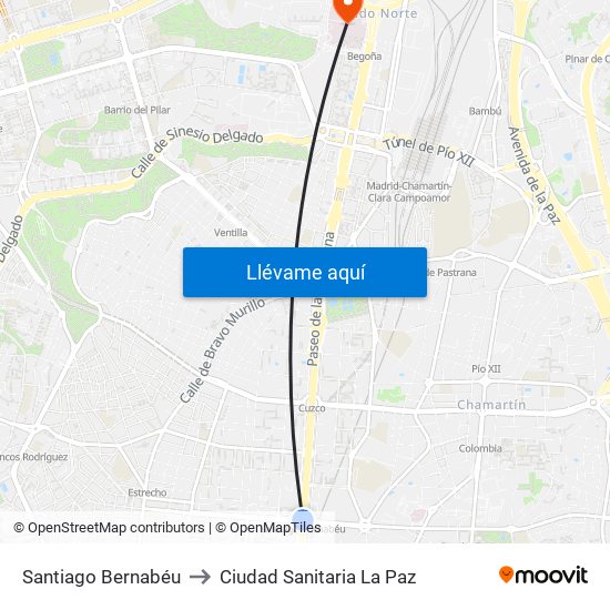 Santiago Bernabéu to Ciudad Sanitaria La Paz map