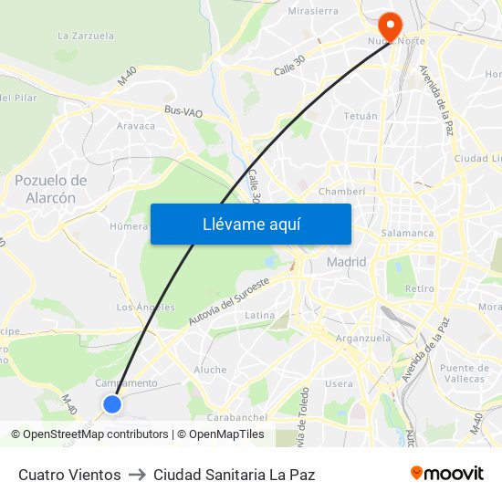 Cuatro Vientos to Ciudad Sanitaria La Paz map