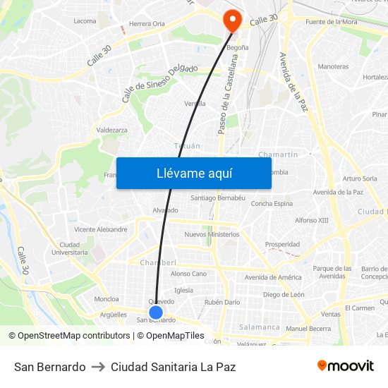 San Bernardo to Ciudad Sanitaria La Paz map