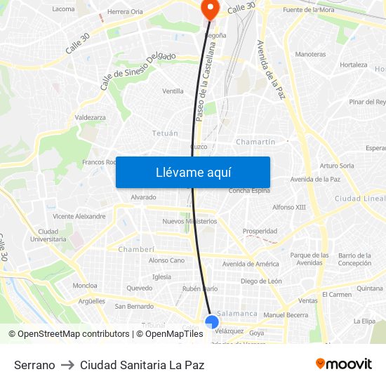 Serrano to Ciudad Sanitaria La Paz map