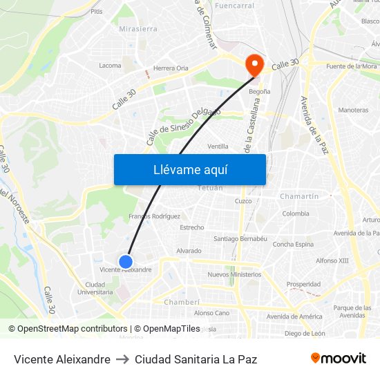 Vicente Aleixandre to Ciudad Sanitaria La Paz map