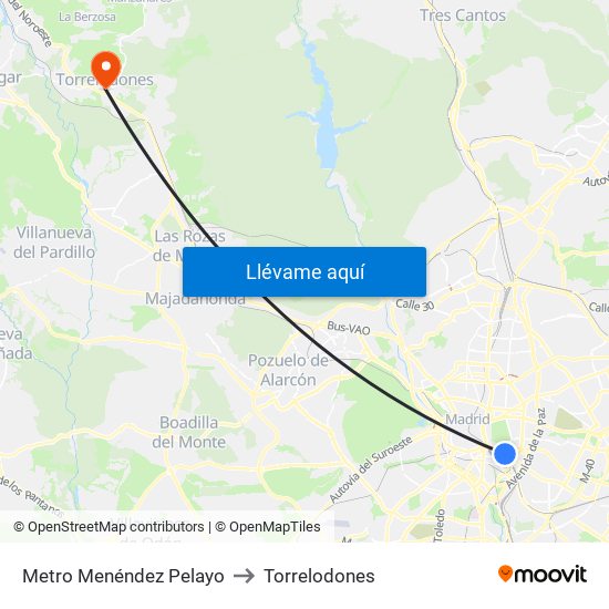 Metro Menéndez Pelayo to Torrelodones map